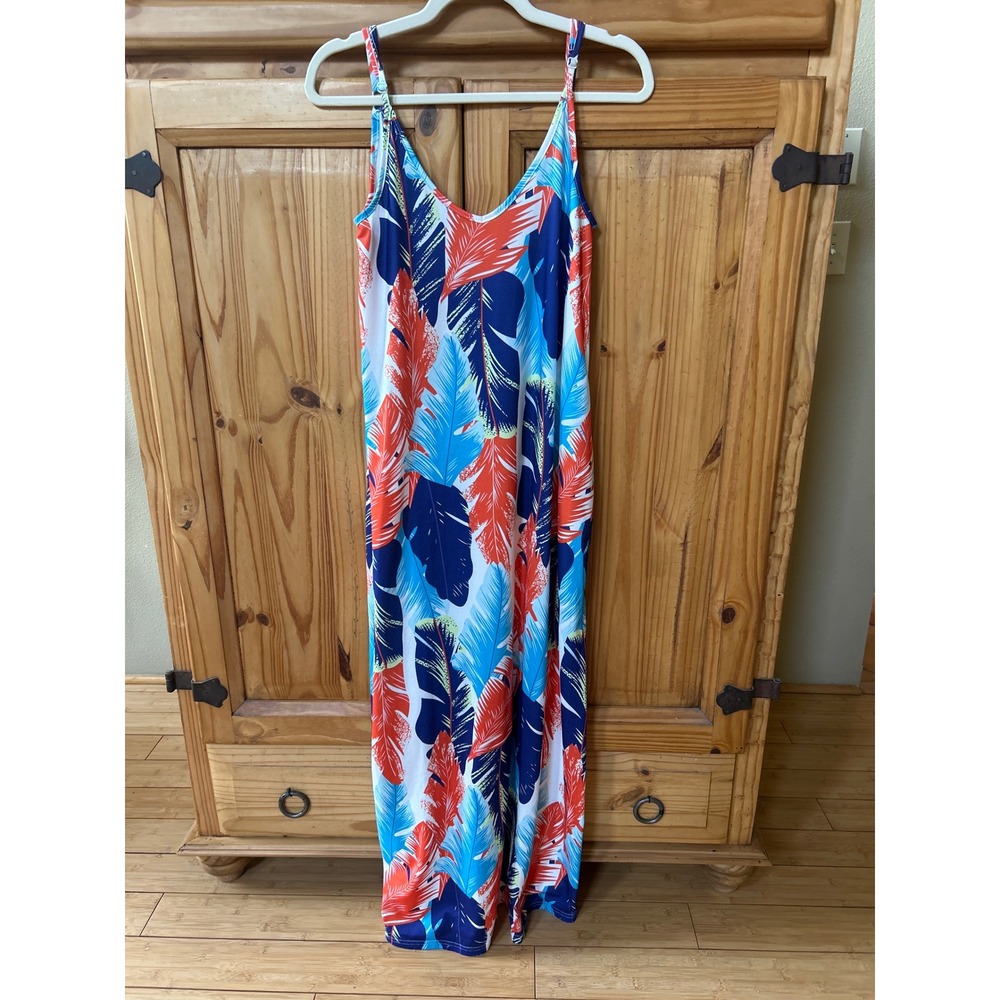Tropical Leaf Print Maxi Dress Red Blue White Adjustable Straps Pockets S/M